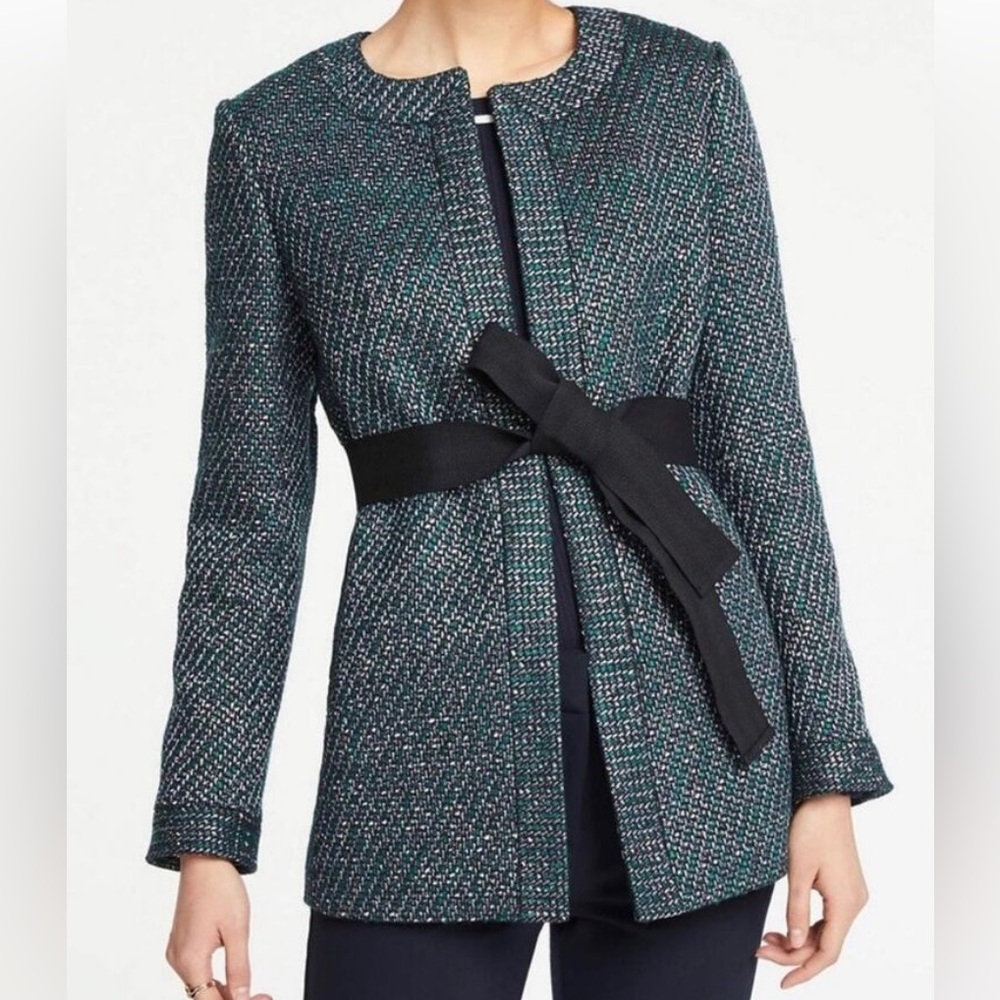 Ann Taylor Petite Metallic Tweed Jacket | Green Black Silver Belted Blazer | SP